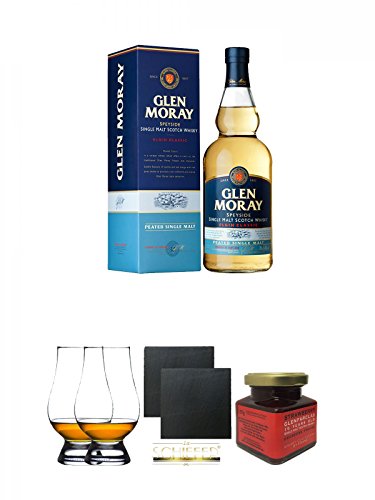Glen Moray PEATED Single Malt Whisky 0,7 Liter + The Glencairn Glass Whisky Glas Stölzle 2 Stück + Schiefer Glasuntersetzer eckig ca. 9,5 cm Ø 2 Stück + Glenfarclas 15 Jahre Erdbeer Marmelade 150g im Glas von Unbekannt