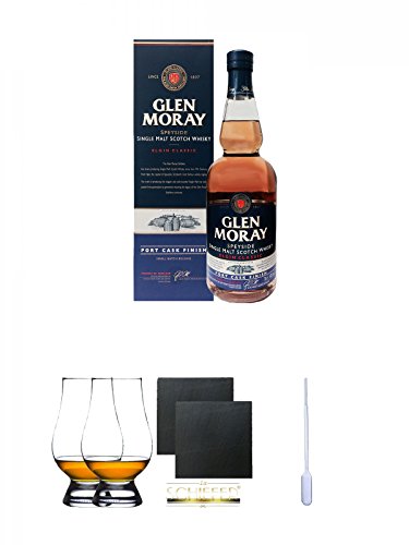 Glen Moray Port Cask Single Malt Whisky 0,7 Liter + The Glencairn Glass Whisky Glas Stölzle 2 Stück + Schiefer Glasuntersetzer eckig ca. 9,5 cm Ø 2 Stück + Einweg-Pipette 1 Stück von Unbekannt