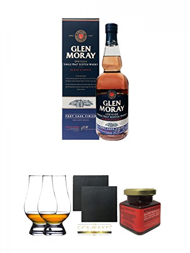 Glen Moray Port Cask Single Malt Whisky 0,7 Liter + The Glencairn Glass Whisky Glas Stölzle 2 Stück + Schiefer Glasuntersetzer eckig ca. 9,5 cm Ø 2 Stück + Glenfarclas 15 Jahre Erdbeer Marmelade 150g im Glas von Unbekannt