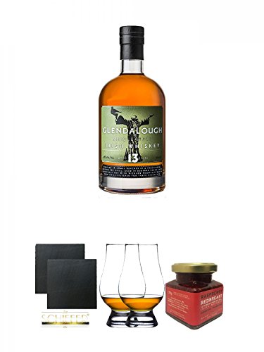 Glendalough 13 Jahre Single Malt Whiskey 0,7 Liter + Schiefer Glasuntersetzer eckig ca. 9,5 cm Ø 2 Stück + The Glencairn Glass Whisky Glas Stölzle 2 Stück + Redbreast 12 Jahre Himbeere Marmelade 150 Gramm Glas von Unbekannt