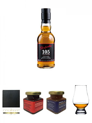 Glenfarclas 105 Cask Strength Single Malt Whisky 0,2 Liter (MIDI) + Schiefer Glasuntersetzer eckig ca. 9,5 cm Durchmesser + Glenfarclas 15 Jahre Erdbeer Marmelade 150g im Glas + Glenfarclas 21 Jahre Whisky Orangen Gelee 150 Gramm Glas + The Glencairn Glas von Unbekannt