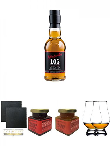 Glenfarclas 105 Cask Strength Single Malt Whisky 0,2 Liter (MIDI) + Schiefer Glasuntersetzer eckig ca. 9,5 cm Ø 2 Stück + Glenfarclas 15 Jahre Erdbeer Marmelade 150g im Glas + Glenfarclas Sherry Cask Mango Limette Marmelade im 150g Glas + The Glencairn Gl von Unbekannt