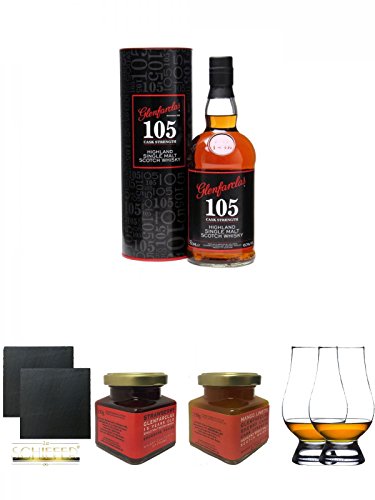 Glenfarclas 105 Cask Strength Single Malt Whisky 0,7 Liter + Schiefer Glasuntersetzer eckig ca. 9,5 cm Ø 2 Stück + Glenfarclas 15 Jahre Erdbeer Marmelade 150g im Glas + Glenfarclas Sherry Cask Mango Limette Marmelade im 150g Glas + The Glencairn Glass Whi von Unbekannt