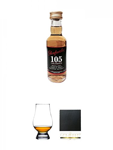 Glenfarclas 105 Cask Strength Single Malt Whisky Miniatur 5 cl + The Glencairn Glass Whisky Glas Stölzle 1 Stück + Schiefer Glasuntersetzer eckig ca. 9,5 cm Durchmesser von Unbekannt