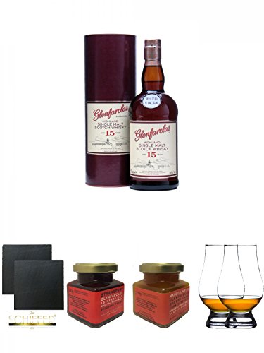 Glenfarclas 15 Jahre Single Malt Whisky 0,7 Liter + Schiefer Glasuntersetzer eckig ca. 9,5 cm Ø 2 Stück + Glenfarclas 15 Jahre Erdbeer Marmelade 150g im Glas + Glenfarclas Sherry Cask Mango Limette Marmelade im 150g Glas + The Glencairn Glass Whisky Glas von Unbekannt