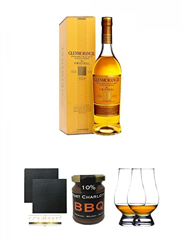 Glenmorangie 10 Jahre The Original Single Malt Whisky 0,7 Liter + Schiefer Glasuntersetzer eckig ca. 9,5 cm Ø 2 Stück + BBQ-Sauce mit Bruichladdich Port Charlotte Whisky 140ml/160g Glas + The Glencairn Glass Whisky Glas Stölzle 2 Stück von Unbekannt