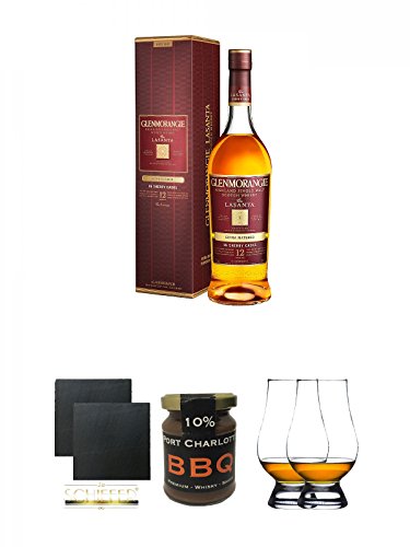 Glenmorangie Lasanta 12 Jahre Sherry Cask Finish 0,7 Liter + Schiefer Glasuntersetzer eckig ca. 9,5 cm Ø 2 Stück + BBQ-Sauce mit Bruichladdich Port Charlotte Whisky 140ml/160g Glas + The Glencairn Glass Whisky Glas Stölzle 2 Stück von Unbekannt