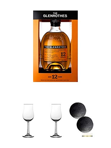Glenrothes 12 Jahre 40% Single Malt Whisky 0,7 Liter + 2 Bugatti Nosing Gläser mit Eichstrich 2cl und 4cl + 2 Schiefer Glasuntersetzer RUND ca. 9,5 cm Ø von Unbekannt