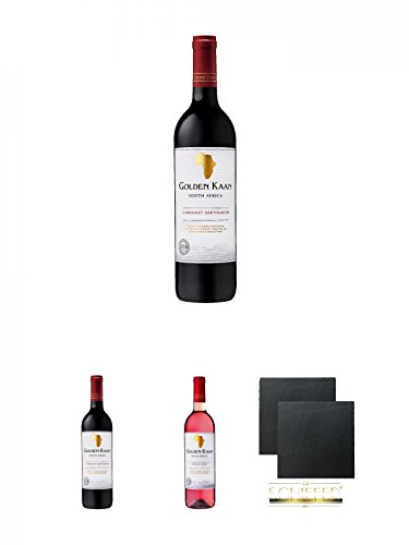 Golden Kaan Cabernet Sauvignon 0,75 Liter + Golden Kaan Cabernet Sauvignon 0,75 Liter + Golden Kaan Shiraz Rose 0,75 Liter + Schiefer Glasuntersetzer eckig ca. 9,5 cm Ø 2 Stück von Unbekannt