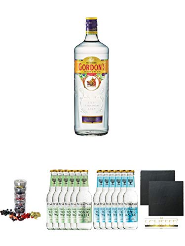 Gordons Dry Gin 1,0 Liter + Gin Flight Gewürze zum Verfeinern von Gin Tonic 1er Pack 1 x 12 Gramm + Fever Tree Elderflower Tonic Water 6 x 0,2 Liter + Fever Tree Mediterranean Tonic Water 6 x 0,2 Liter + Schiefer Glasuntersetzer eckig ca. 9,5 cm Ø 2 Stück von Unbekannt