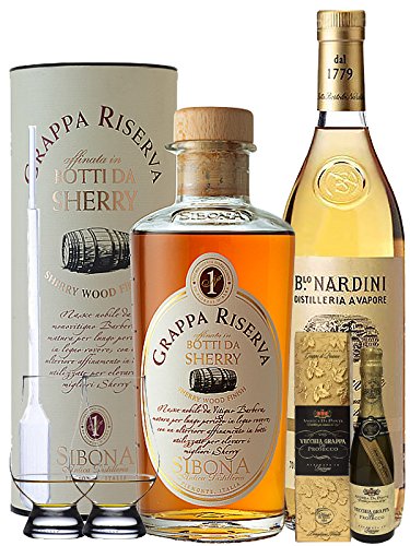 Grappa Set Andrea da Ponte 5cl, Sibona Sherry 0,5L, Nardini Aquavite 1,0L + 2 Glencairn Gläser und Pipette von Unbekannt