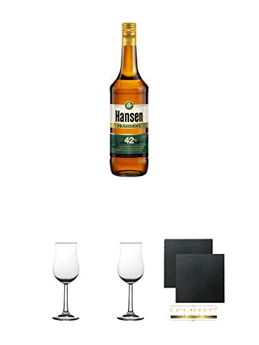 Hansen Präsident Grün 42% 0,7 Liter + 2 Bugatti Nosing Gläser mit Eichstrich 2cl und 4cl + 2 Schiefer Glasuntersetzer eckig ca. 9,5 cm Ø Hansen Präsident Grün 42% 0,7 Liter + 2 Bugatti Nosing Gläser mit Eichstrich 2cl und 4cl + 2 Schiefer Glasuntersetzer eckig ca. 9,5 cm Ø von Unbekannt