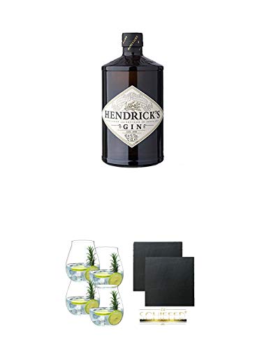 Hendricks Gin Small Batch 0,7 Liter + Gin Tonic Glas - 5414/67 4er Set + Schiefer Glasuntersetzer eckig ca. 9,5 cm Ø 2 Stück Hendricks Gin Small Batch 0,7 Liter + Gin Tonic Glas - 5414/67 4er Set + Schiefer Glasuntersetzer eckig ca. 9,5 cm Ø 2 Stück von Unbekannt