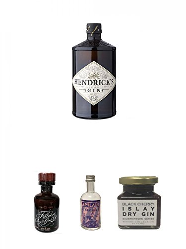 Hendricks Gin Small Batch 5 cl + Filliers Premium Dry Gin Belgien 0,05 Liter MINIATUR + Applaus Gin Stuttgart Trocken 0,05 Liter Miniatur + Islay Dry Gin Black Cherry Sauerkirsche Marmelade 150 Gramm von Unbekannt