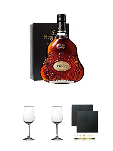 Hennessy XO Cognac Frankreich 0,35 Liter + Nosing Gläser Kelchglas Bugatti mit Eichstrich 2cl und 4cl 1 Stück + Nosing Gläser Kelchglas Bugatti mit Eichstrich 2cl und 4cl 1 Stück + Schiefer Glasuntersetzer eckig ca. 9,5 cm Ø 2 Stück von Unbekannt