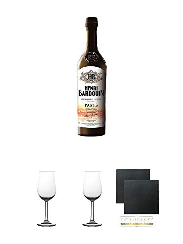 Henri Bardouin Anis Liqeur 0,7 Liter + 2 Bugatti Nosing Gläser mit Eichstrich 2cl und 4cl + 2 Schiefer Glasuntersetzer eckig ca. 9,5 cm Ø Henri Bardouin Anis Liqeur 0,7 Liter + 2 Bugatti Nosing Gläser mit Eichstrich 2cl und 4cl + 2 Schiefer Glasuntersetzer eckig ca. 9,5 cm Ø von Diverse