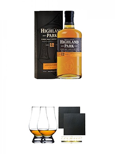 Highland Park 12 Jahre Single Malt Whisky Islands 0,7 Liter + The Glencairn Glass Whisky Glas Stölzle 2 Stück + Schiefer Glasuntersetzer eckig ca. 9,5 cm Ø 2 Stück von Unbekannt