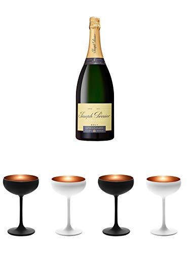 JOSEPH PERRIER Brut Champagner 1,50 Liter + Sektschale Stölzle 1 Glas - Olympic Serie matt-schwarz BRONZE 2739408 + Sektschale Stölzle 1 Glas - Olympic Serie matt-weiß BRONZE 273/88/08 + Sektschale Stölzle 1 Glas - Olympic Serie matt-schwarz BRONZE 273940 von Unbekannt