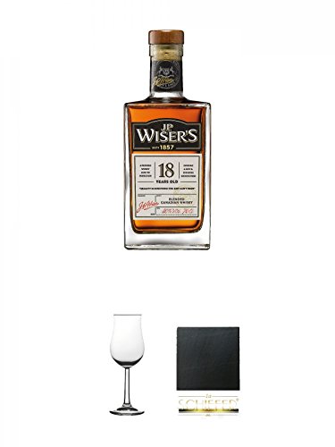 JP Wiser's - 18 - Jahre 40% 0,7 Liter + Whisky Nosing Gläser Kelchglas Bugatti mit Eichstrich 2cl und 4cl 1 Stück + Schiefer Glasuntersetzer eckig ca. 9,5 cm Durchmesser von Unbekannt