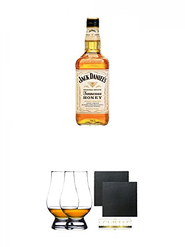 Jack Daniels Honey Whisky Likör 0,7 Liter + The Glencairn Glass Whisky Glas Stölzle 2 Stück + Schiefer Glasuntersetzer eckig ca. 9,5 cm Ø 2 Stück von Unbekannt