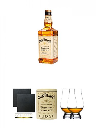 Jack Daniels Honey Whisky Likör 1,0 Liter + Schiefer Glasuntersetzer eckig ca. 9,5 cm Ø 2 Stück + Jack Daniels - HONEY - Fudge 300 Gramm + The Glencairn Glass Whisky Glas Stölzle 2 Stück von Unbekannt