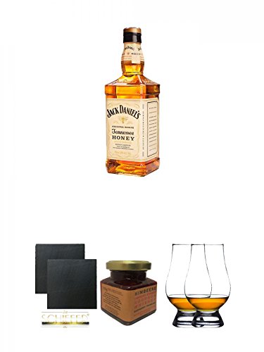 Jack Daniels Honey Whisky Likör 1,0 Liter + Schiefer Glasuntersetzer eckig ca. 9,5 cm Ø 2 Stück + Kentucky Bourbon Himbeer-Marmelade 150 Gramm Glas + The Glencairn Glass Whisky Glas Stölzle 2 Stück von Unbekannt