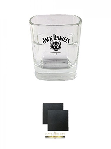 Jack Daniels No. 7 Glas mit Eichstrich 2 und 4 cl 6 Stück + Schiefer Glasuntersetzer eckig ca. 9,5 cm Ø 2 Stück von Unbekannt