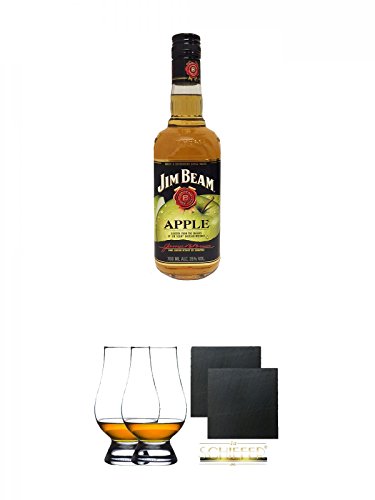 Jim Beam APPLE Whiskey 0,7 Liter + The Glencairn Glass Whisky Glas Stölzle 2 Stück + Schiefer Glasuntersetzer eckig ca. 9,5 cm Ø 2 Stück von Unbekannt