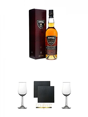 John Powers 12 Jahre Johns Lane Release 0,7 Liter + Whisky Nosing Gläser Kelchglas Bugatti mit Eichstrich 2cl und 4cl 1 Stück + Schiefer Glasuntersetzer eckig ca. 9,5 cm Ø 2 Stück + Whisky Nosing Gläser Kelchglas Bugatti mit Eichstrich 2cl und 4cl 1 Stück von Unbekannt