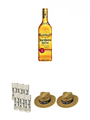 Jose Cuervo Reposado Gold 1,0 Liter + Jose Cuervo"Who is in" Shot Gläser mit 2 und 4cl Eichstrich 6 Stück (lang) + Jose Cuervo Strohhut (Who`s in) 1 Stück + Jose Cuervo Strohhut (Who`s in) 1 Stück von Unbekannt