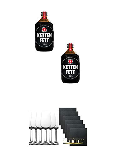 Kettenfett Lakritz Likör 2 x 0,5 Liter Kanne + Whisky Nosing Gläser Kelchglas Bugatti mit Eichstrich 2cl und 4cl 6 Stück + Schiefer Glasuntersetzer eckig 6 x ca. 9,5 cm Durchmesser von Unbekannt