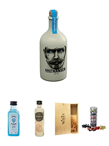 Knut Hansen Dry Gin 0,5 Liter + Bombay Sapphire Gin 5 cl Miniatur + Friedrichs Gin 0,04 Liter Miniatur + 1a Whisky Holzbox für 2 Flaschen mit Schiebedeckel + Gin Flight Gewürze zum Verfeinern von Gin Tonic 1er Pack 1 x 12 Gramm von Unbekannt