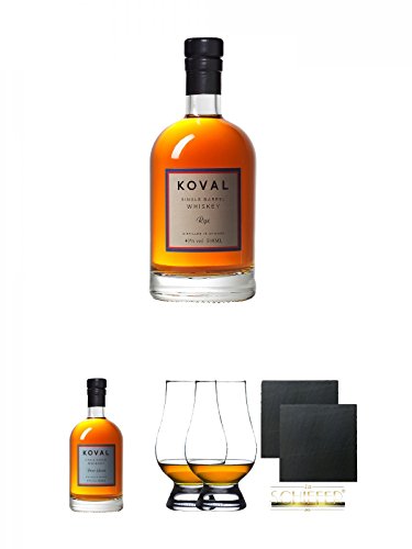Koval RYE Whiskey 40% 0,5 Liter + Koval Four Grain Whiskey 47% 0,5 Liter + The Glencairn Glass Whisky Glas Stölzle 2 Stück + Schiefer Glasuntersetzer eckig ca. 9,5 cm Ø 2 Stück von Unbekannt