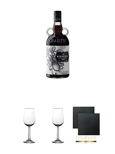 Kraken Black Spiced 0,7 Liter + 2 Bugatti Nosing Gläser mit Eichstrich 2cl und 4cl + 2 Schiefer Glasuntersetzer eckig ca. 9,5 cm Ø von Unbekannt