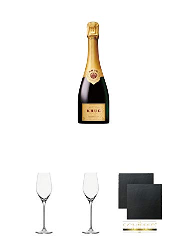 Krug Grande Cuvée Champagner 0,75 Liter + Champagnerkelch Stölzle Exquisit Royal Serie - 149/29 + Champagnerkelch Stölzle Exquisit Royal Serie - 149/29 + Schiefer Glasuntersetzer eckig ca. 9,5 cm Ø 2 Stück von Unbekannt