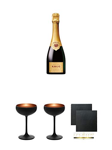 Krug Grande Cuvée Champagner 0,75 Liter + Sektschale Stölzle 1 Glas - Olympic Serie matt-schwarz BRONZE 2739408 + Sektschale Stölzle 1 Glas - Olympic Serie matt-schwarz BRONZE 2739408 + Schiefer Glasuntersetzer eckig ca. 9,5 cm Ø 2 Stück von Unbekannt