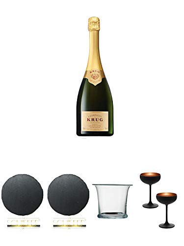 Krug Grande Cuvée Champagner Jeroboam 3,0 Liter + Schiefer Glasuntersetzer RUND ca. 9,5 cm Durchmesser + Schiefer Glasuntersetzer RUND ca. 9,5 cm Durchmesser + Sekt/Champagnerkühler mundgeblasen 1 Stück - 2000055 + Sektschale/Champagnerschale Stölzle 2 G von Unbekannt