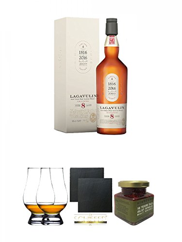 Lagavulin 8 Jahre Limited Edition Islay Single Malt Whisky 0,7 Liter + The Glencairn Glass Whisky Glas Stölzle 2 Stück + Schiefer Glasuntersetzer eckig ca. 9,5 cm Ø 2 Stück + Islay 16 Jahre Single Malt Himbeer Marmelade 150g im Glas von Unbekannt