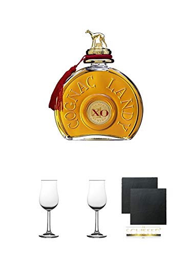 Landy XO Cognac Frankreich 0,7 Liter + Nosing Gläser Kelchglas Bugatti mit Eichstrich 2cl und 4cl 2 Stück + Schiefer Glasuntersetzer 2 Stück von Unbekannt