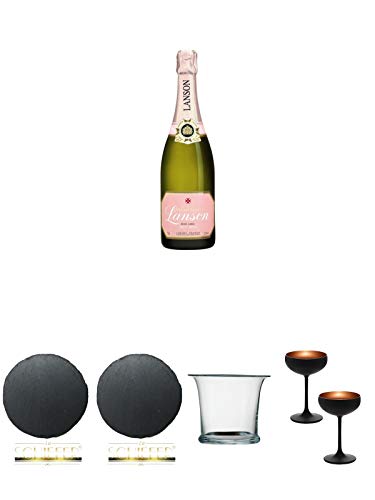Lanson Champagner Rosé Label 0,75 Liter + Schiefer Glasuntersetzer RUND ca. 9,5 cm Durchmesser + Schiefer Glasuntersetzer RUND ca. 9,5 cm Durchmesser + Sekt/Champagnerkühler mundgeblasen 1 Stück - 2000055 + Sektschale/Champagnerschale Stölzle 2 Gläser - von Unbekannt