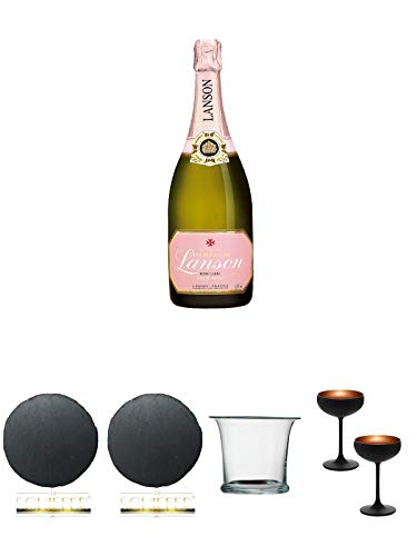 Lanson Champagner Rosé Label 1,5 Liter + Schiefer Glasuntersetzer RUND ca. 9,5 cm Durchmesser + Schiefer Glasuntersetzer RUND ca. 9,5 cm Durchmesser + Sekt/Champagnerkühler mundgeblasen 1 Stück - 2000055 + Sektschale/Champagnerschale Stölzle 2 Gläser - O von Unbekannt