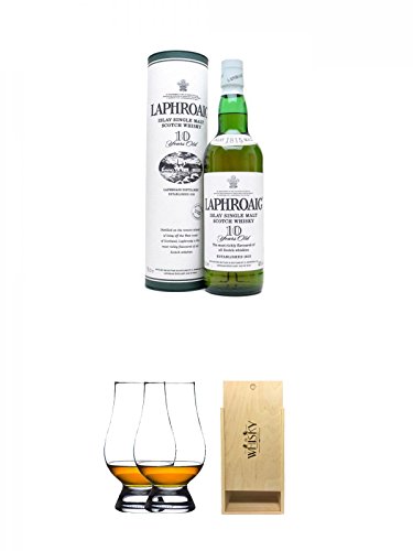 Laphroaig 10 Jahre Islay Single Malt Whisky 0,7 Liter + The Glencairn Glass Whisky Glas Stölzle 2 Stück + 1a Whisky Holzbox für 2 Flaschen mit Schiebedeckel von Unbekannt