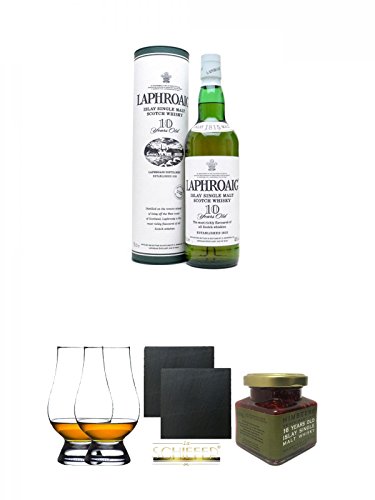 Laphroaig 10 Jahre Islay Single Malt Whisky 0,7 Liter + The Glencairn Glass Whisky Glas Stölzle 2 Stück + Schiefer Glasuntersetzer eckig ca. 9,5 cm Ø 2 Stück + Islay 16 Jahre Single Malt Himbeer Marmelade 150g im Glas von Unbekannt