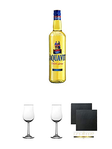 Lehment Rostocker AQUAVIT 0,7 Liter + Nosing Gläser Kelchglas Bugatti mit Eichstrich 2cl und 4cl 2 Stück + Schiefer Glasuntersetzer eckig ca. 9,5 cm Ø 2 Stück von Unbekannt