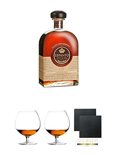 Lepanto O.V. Oloroso Viejo 0,7 Liter + Cognacglas/Schwenker Stölzle 1 Stück - 103/18 + Cognacglas/Schwenker Stölzle 1 Stück - 103/18 + Schiefer Glasuntersetzer eckig ca. 9,5 cm Ø 2 Stück von Unbekannt