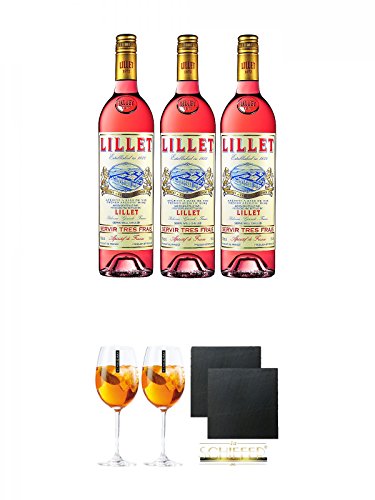 Lillet Rose Weinaperitif Frankreich 3 x 0,75 Liter + Scavi & Ray Wein Glas 2 Stück + Schiefer Glasuntersetzer eckig ca. 9,5 cm Ø 2 Stück von Unbekannt