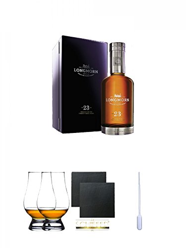 Longmorn 23 Jahre Single Malt Whisky 0,7 Liter + The Glencairn Glass Whisky Glas Stölzle 2 Stück + Schiefer Glasuntersetzer eckig ca. 9,5 cm Ø 2 Stück + Einweg-Pipette 1 Stück von Unbekannt