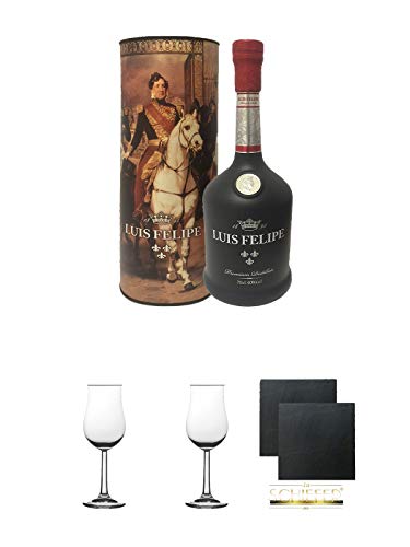 Luis Felipe Gran Reserva 60 Jahre Brandy 0,7 Liter + 2 Bugatti Nosing Gläser mit Eichstrich 2cl und 4cl + 2 Schiefer Glasuntersetzer eckig ca. 9,5 cm Ø von Diverse