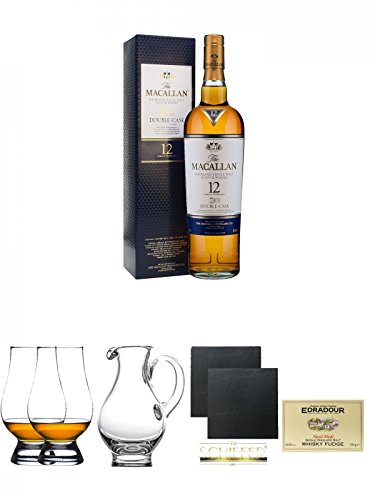 Macallan 12 Jahre - Double Cask - Single Malt Whisky 0,7 Liter + The Glencairn Glass Whisky Glas Stölzle 2 Stück + Wasserkrug Half Pint Serie The Glencairn Glass Stölzle + Schiefer Glasuntersetzer eckig ca. 9,5 cm Ø 2 Stück + Edradour Malt Whisky Fudge 17 von Unbekannt