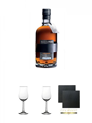 Mackmyra Fjällmark 42 % 0,7 Liter + Whisky Nosing Gläser Kelchglas Bugatti mit Eichstrich 2cl und 4cl 1 Stück + Whisky Nosing Gläser Kelchglas Bugatti mit Eichstrich 2cl und 4cl 1 Stück + Schiefer Glasuntersetzer eckig ca. 9,5 cm Ø 2 Stück von Unbekannt